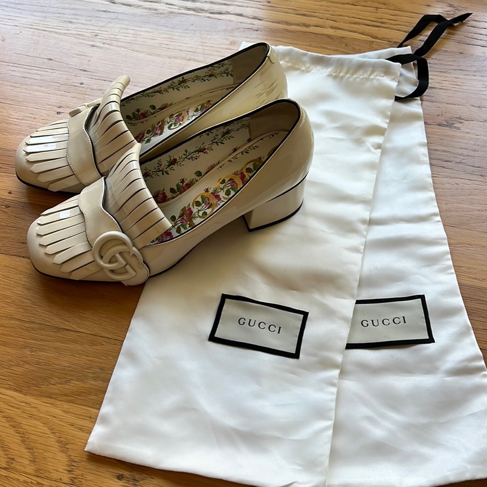 Gucci Marmont white patent leather heels